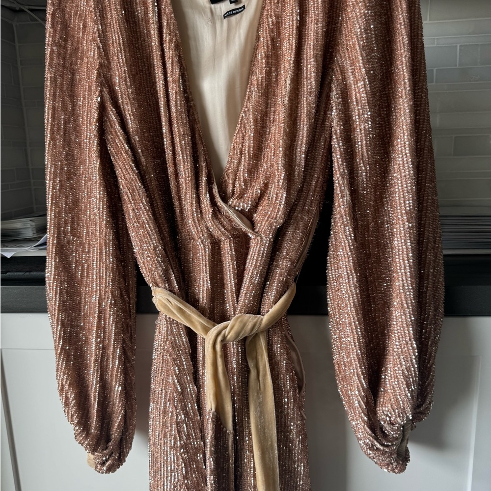 Retrofete Rose Gold Beaded Long-Sleeve Dress with Belt